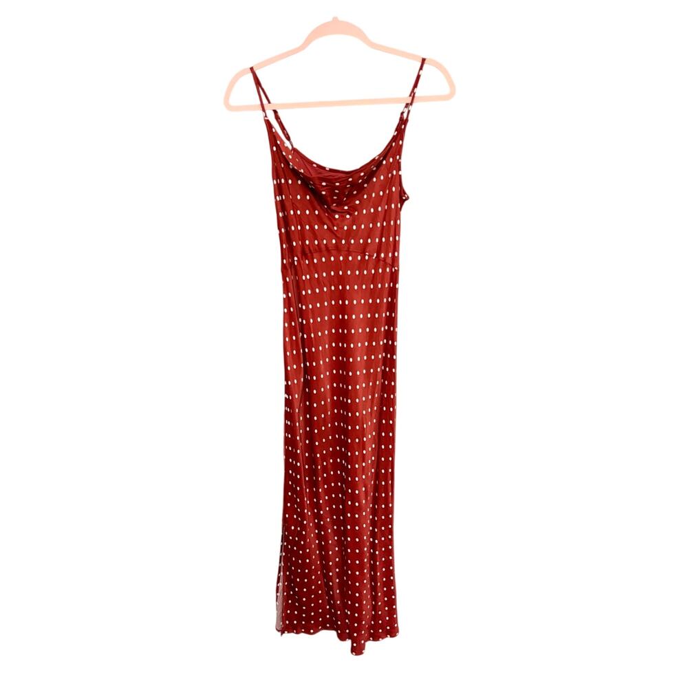 Anthropologie Burnt Orange Polka Dot OB Bare Silky Cowl Neck Column Dress S